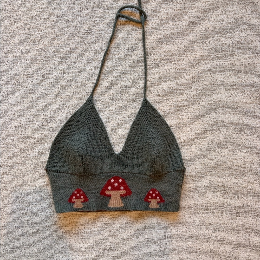 ROMWE Mushroom Pattern Halter Bralette - Green and Red